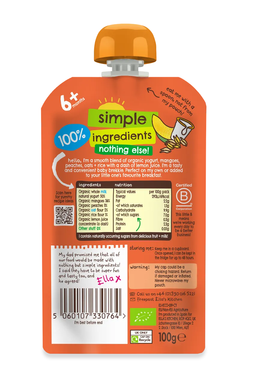 Ella’s Kitchen Organic Mango Baby Brekkie Super Smooth Puree Pouch – 6+ Months, 100g