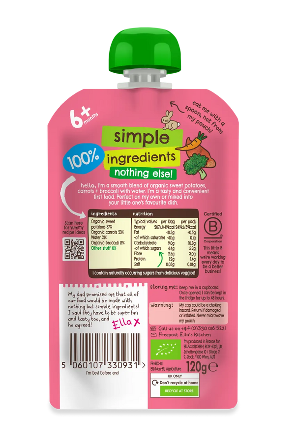Ella’s Kitchen Organic Sweet Potatoes, Broccoli & Carrots Baby Puree Pouch – 6+ Months, 120g