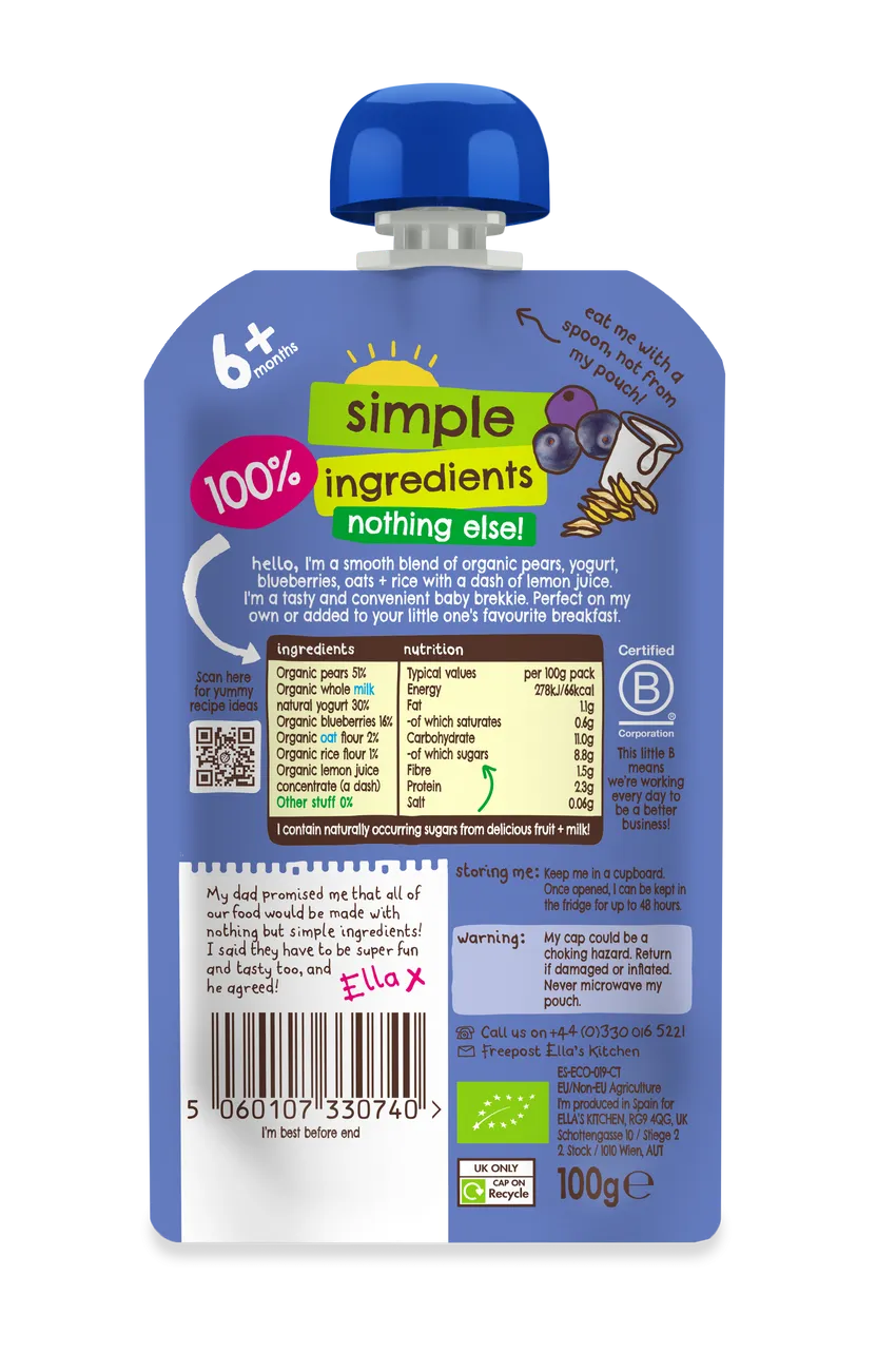Ella’s Kitchen Organic Blueberry & Pear Baby Brekkie Super Smooth Puree – 6+ Months, 100g