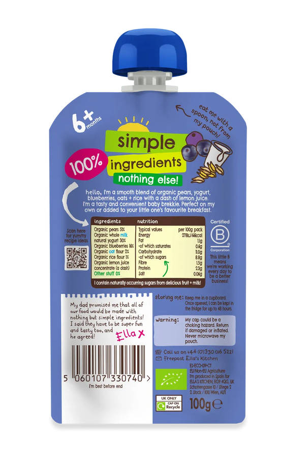 Ella’s Kitchen Organic Blueberry & Pear Baby Brekkie Super Smooth Puree – 6+ Months, 100g