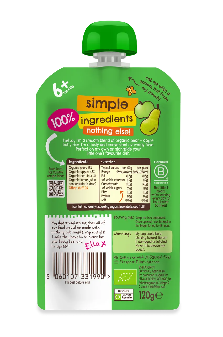 Ella's Kitchen Organic Pear & Apple Baby Rice 120 g