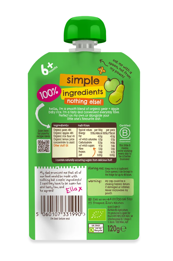 Ella’s Kitchen Organic Pear & Apple Baby Rice Pouch – 6+ Months, 120g