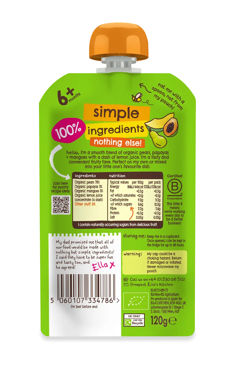 Ella’s Kitchen Organic Mangoes, Pears + Papayas Puree 120 g