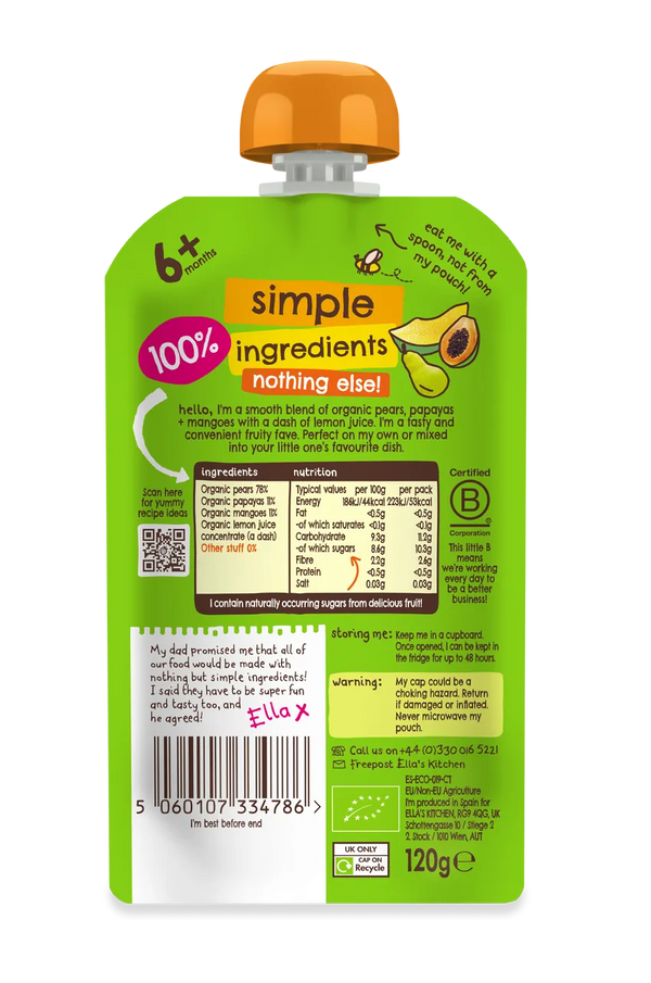 Ella’s Kitchen Organic Mangoes, Pears & Papayas Super Smooth Baby Puree Pouch – 6+ Months, 120g