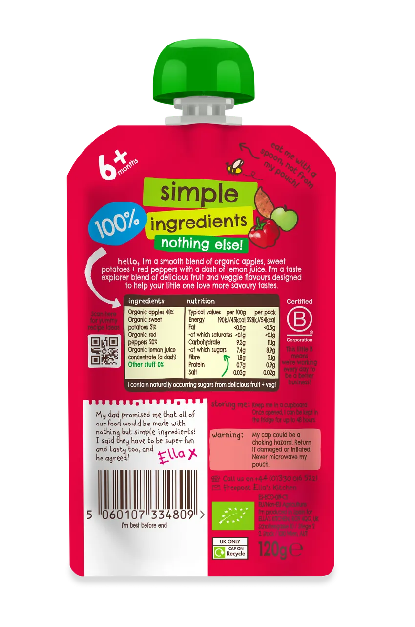 Ella’s Kitchen Organic Apples, Sweet Potatoes & Peppers Baby Puree Pouch – 6+ Months, 120g