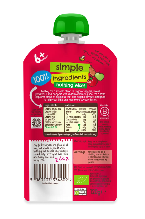 Ella’s Kitchen Organic Apples, Sweet Potatoes & Peppers Baby Puree Pouch – 6+ Months, 120g