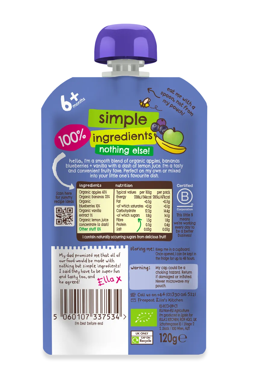 Ella’s Kitchen Organic Blueberries, Apples, Bananas & Vanilla Baby Puree Pouch – 6+ Months, 120g