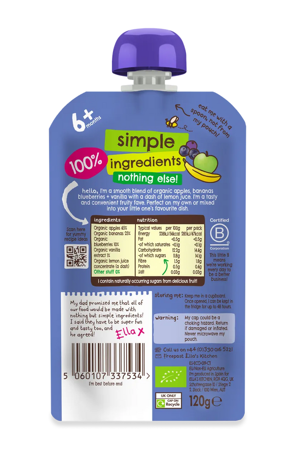 Ella’s Kitchen Organic Blueberries, Apples, Bananas & Vanilla Baby Puree Pouch – 6+ Months, 120g