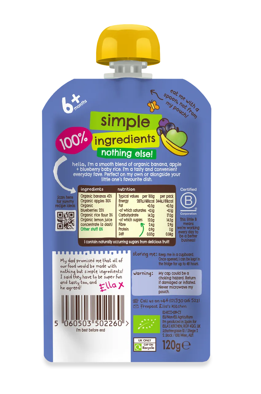 Ella’s Kitchen Organic Banana Apple & Blueberry Baby Rice Pouch 120g