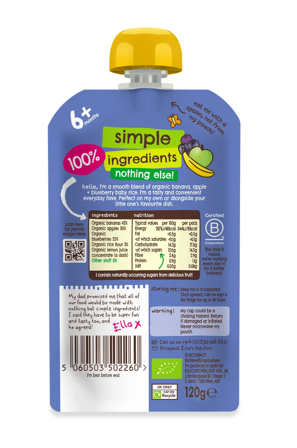 Ella’s Kitchen Organic Banana, Apple & Blueberry Baby Rice Pouch – 6+ Months, 120g