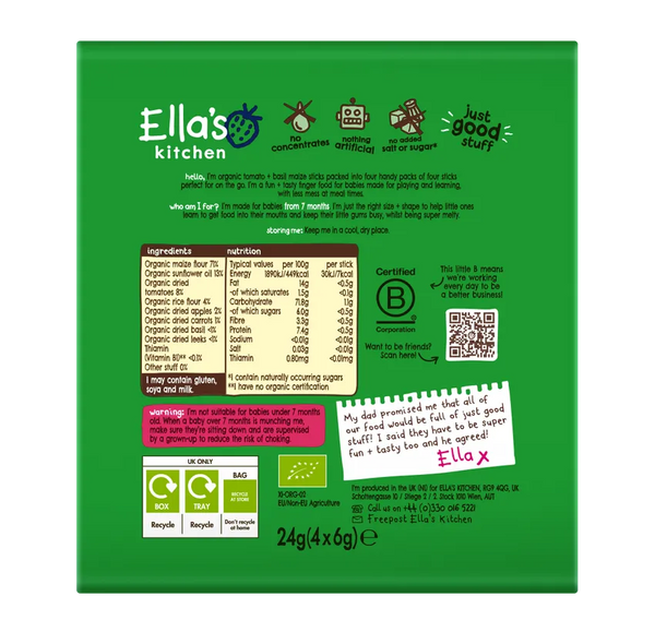 Ella’s Kitchen Organic Tomato & Basil Melty Sticks Multipack Baby Snack – 7+ Months, 4 x 6g