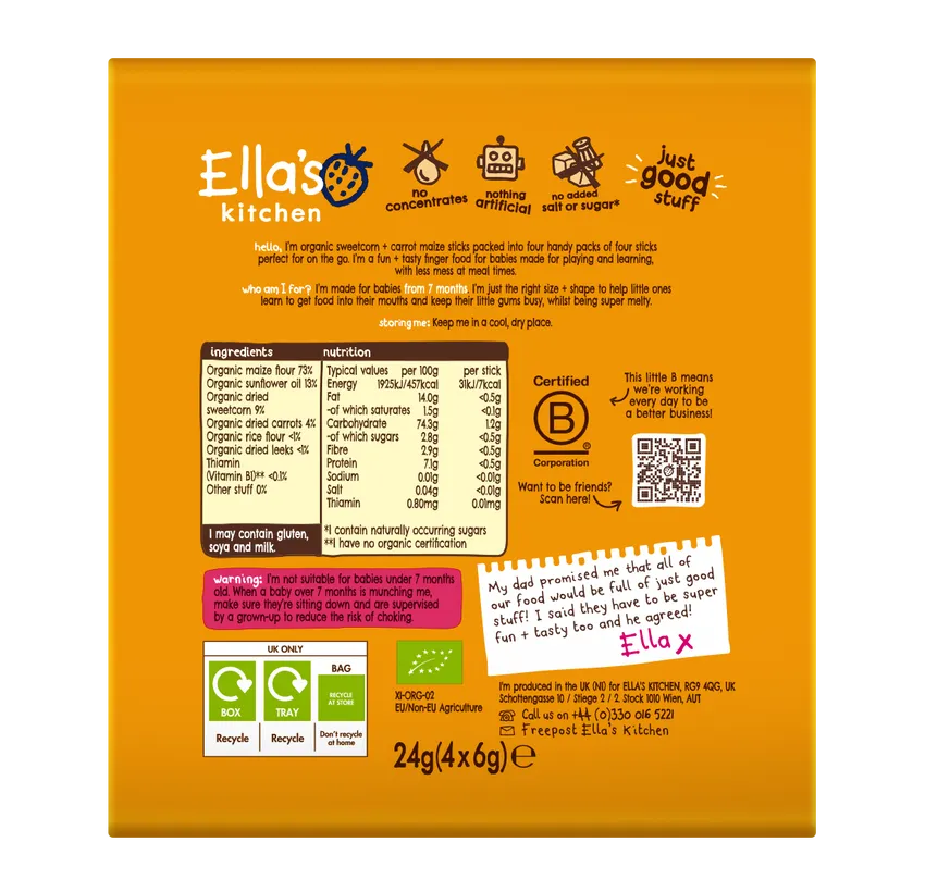 Ella’s Kitchen Organic Sweetcorn & Carrot Melty Sticks Multipack Baby Snack – 7+ Months, 4 x 6g