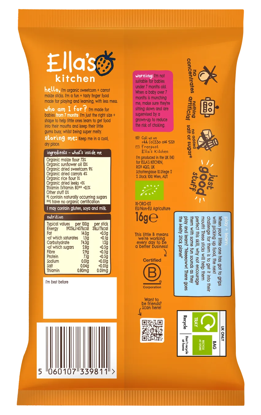 Ella’s Kitchen Organic Sweetcorn & Carrot Melty Sticks Baby Snack – 7+ Months, 16g