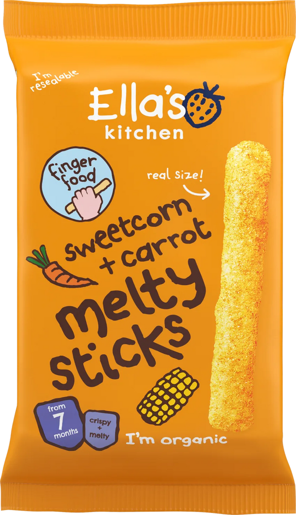 Ella’s Kitchen Organic Sweetcorn & Carrot Melty Sticks Baby Snack – 7+ Months, 16g