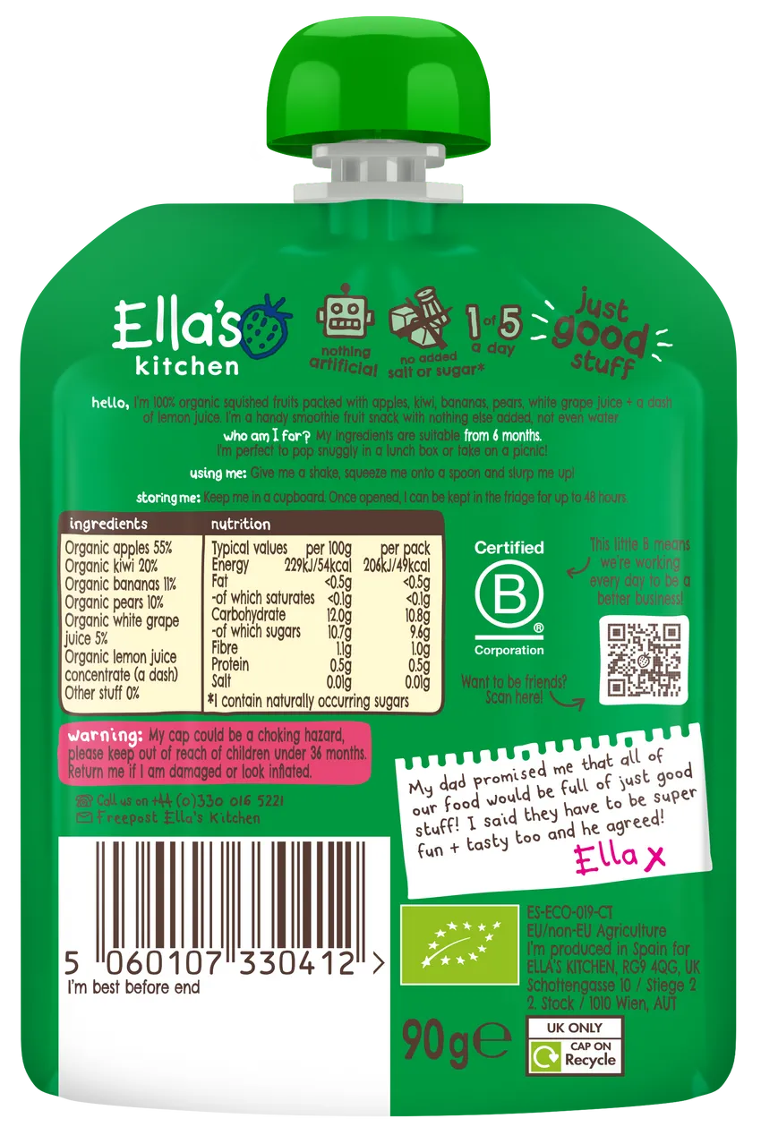 Ella’s Kitchen Organic The Green One Fruit Smoothie Pouch – 6+ Months, 90g
