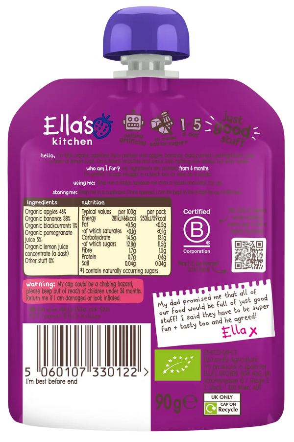 Ella’s Kitchen Organic The Purple One Fruit Smoothie Pouch – 6+ Months, 90g
