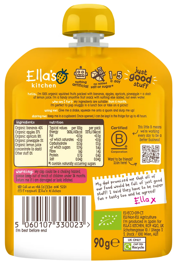 Ella’s Kitchen Organic The Yellow One Fruit Smoothie Pouch – 6+ Months, 90g