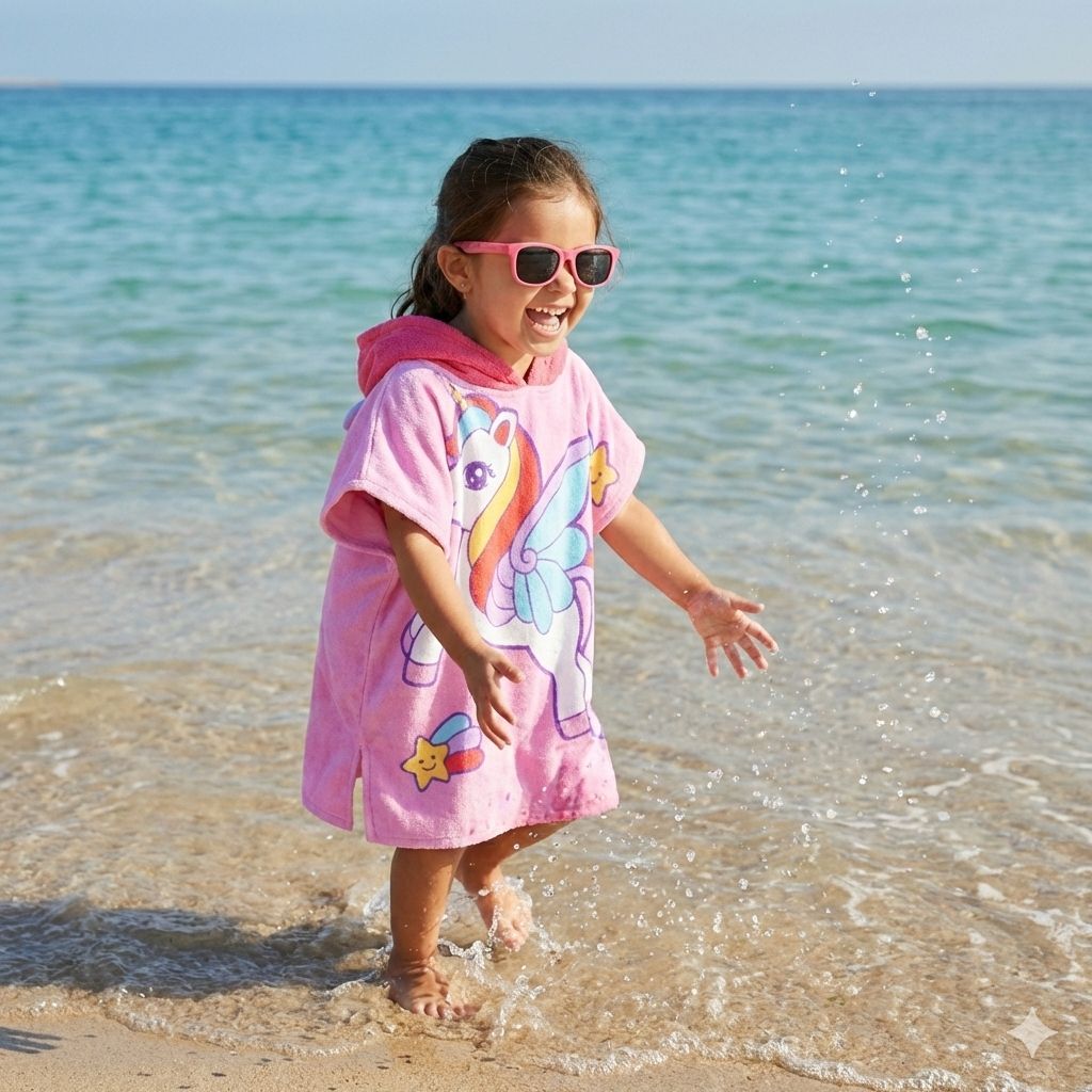 Quad Seven Magical Unicorn Hooded Towel Poncho for Kids (2–4 Years) – Soft & Absorbent Beach & Bath Robe with Sunglasses