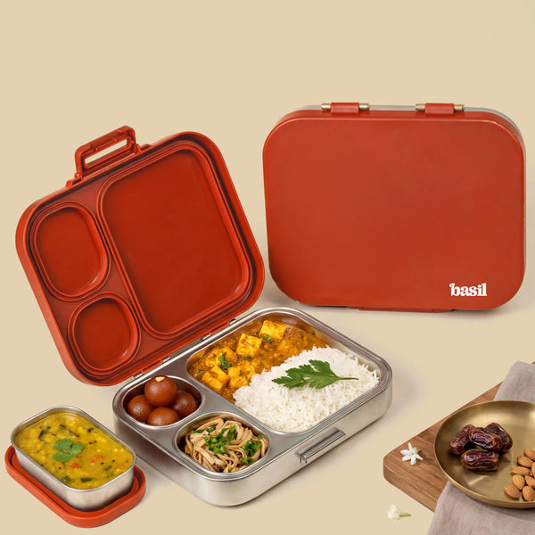 Basil Bento Quad+ 3+1 Compartment Stainless Steel Lunchbox with Mini Box 1250 ml Desi Mitti