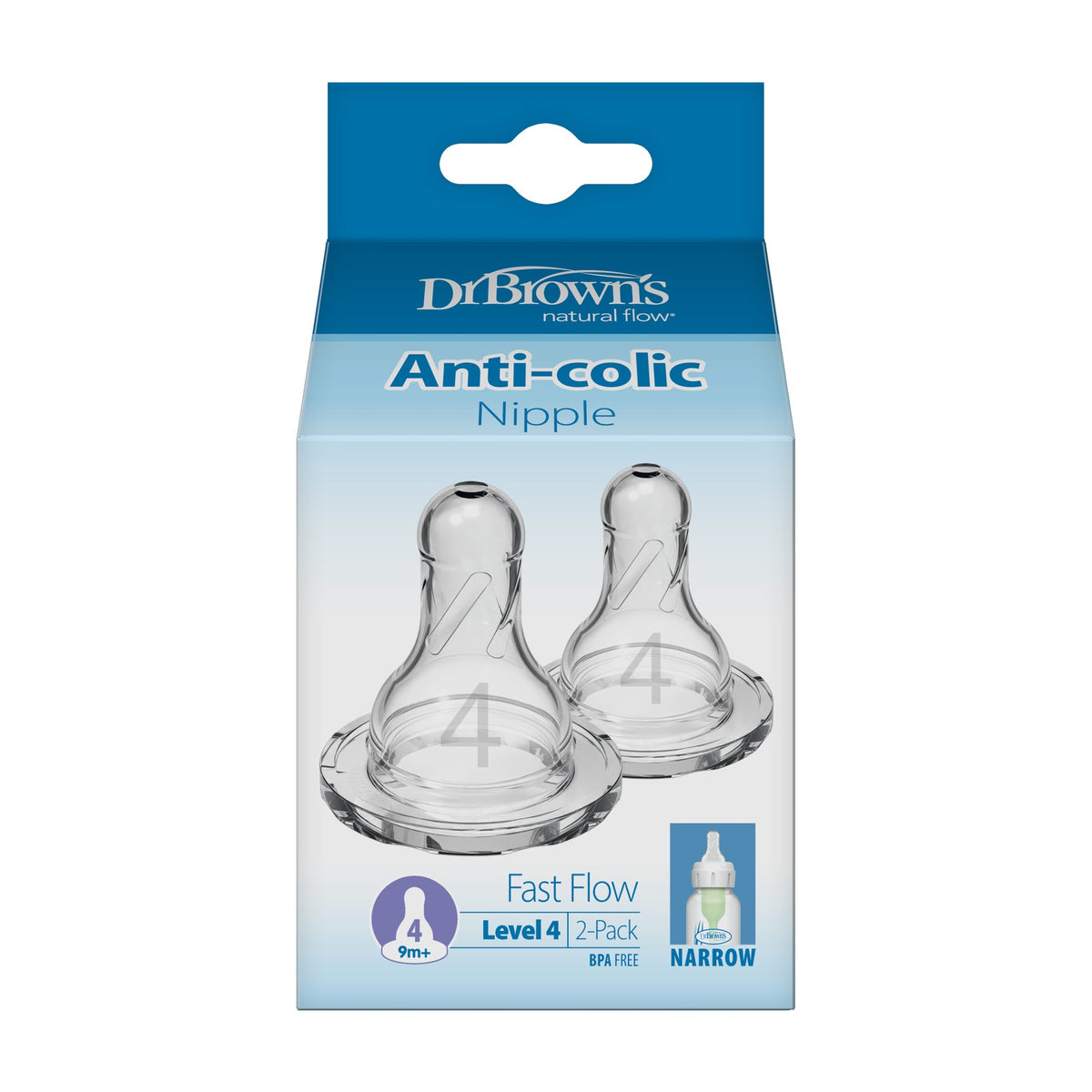 Dr. Brown’s Natural Flow Narrow Level 4 Nipple 2-Pack 9m+ Clear