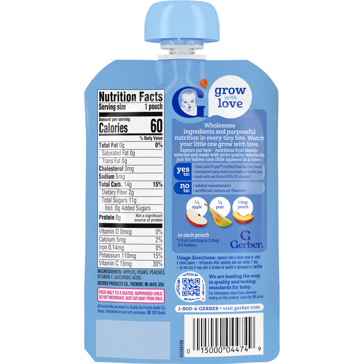 Gerber Apple Pear Peach Fruit Puree Baby Food Pouch – Stage 2, 3.5 oz (99g)