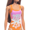 Beach Barbie Doll With Light Brown Hair Wearing Tropical Pink And Orange Swimsuit