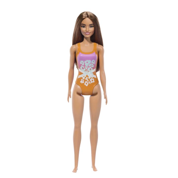 Barbie Beach Doll with Light Brown Hair & Tropical Swimsuit β Pink & Orange