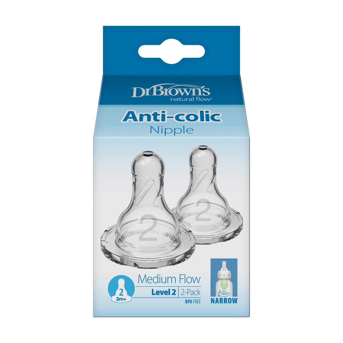 Dr. Brown’s Natural Flow Narrow Level 2 Nipple 2-Pack 3m+ Clear