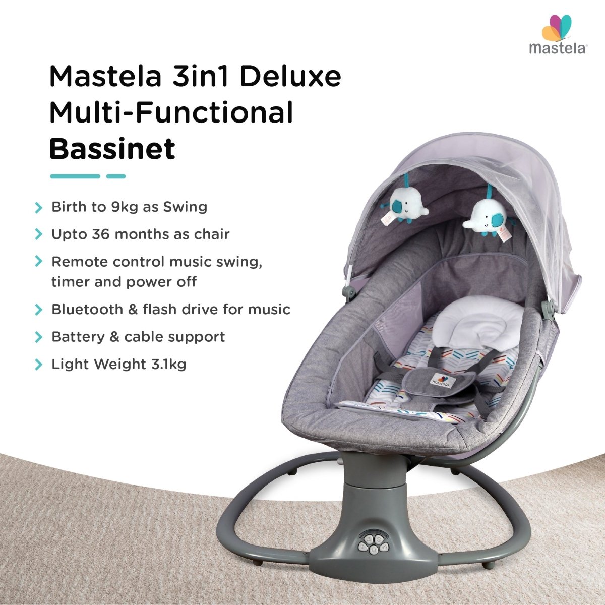 Mastela 3-in-1 Deluxe Multi-Functional Bassinet & Swing 0-36 Months Grey