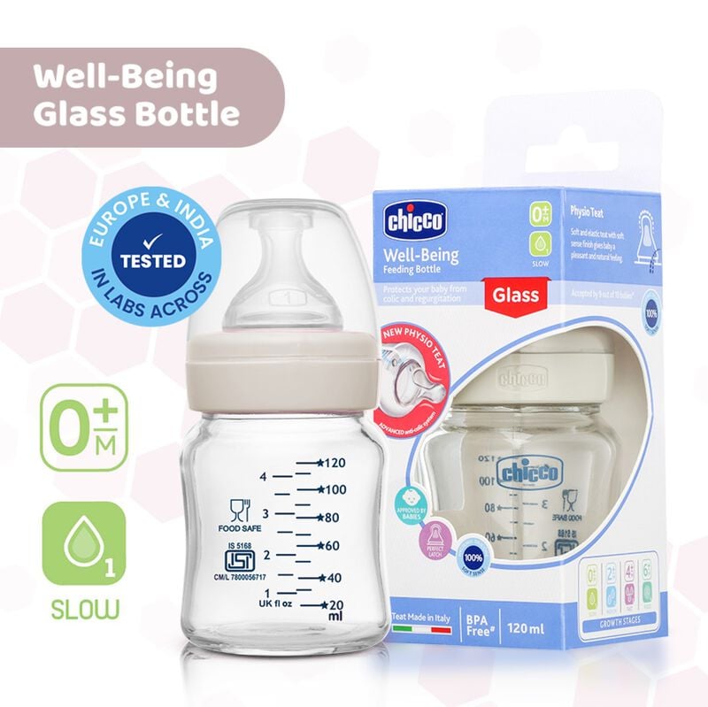 Chicco Well Being Glass Feeding Bottle 120 ml Slow Flow Neutral