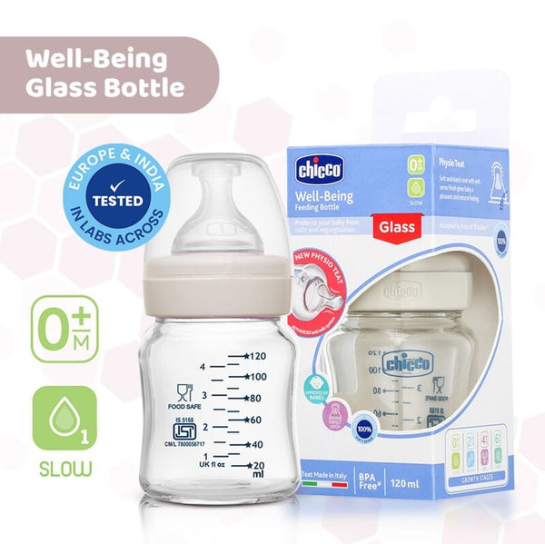 Chicco Well-Being Glass Feeding Bottle 120ML Slow Flow Blue 0M+