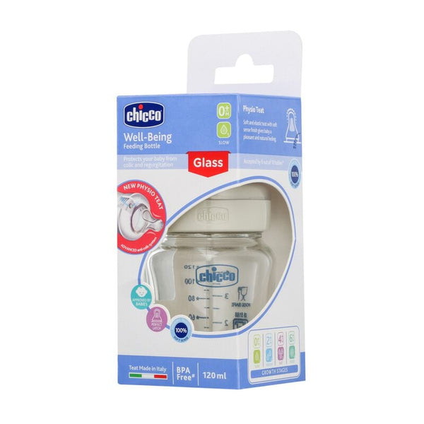 Chicco Well-Being Glass Feeding Bottle 120ml, Slow Flow Neutral 0M+