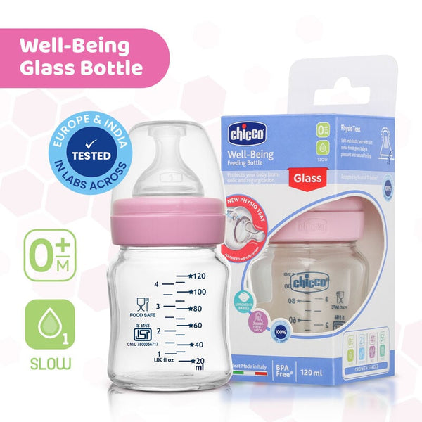 Chicco Well-Being Glass Feeding Bottle 120ml, Slow Flow Pink 0M+