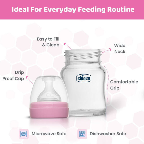 Chicco Well-Being Glass Feeding Bottle 120ml, Slow Flow Pink 0M+