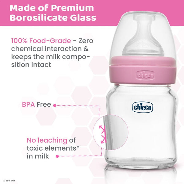 Chicco Well-Being Glass Feeding Bottle 120ml, Slow Flow Pink 0M+