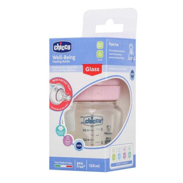 Chicco Well-Being Glass Feeding Bottle 120ml, Slow Flow Pink 0M+