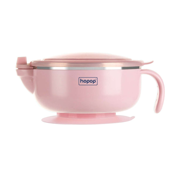 Hopop Stainless Steel Bowl with Lid & Suction Base6M+ – Pink