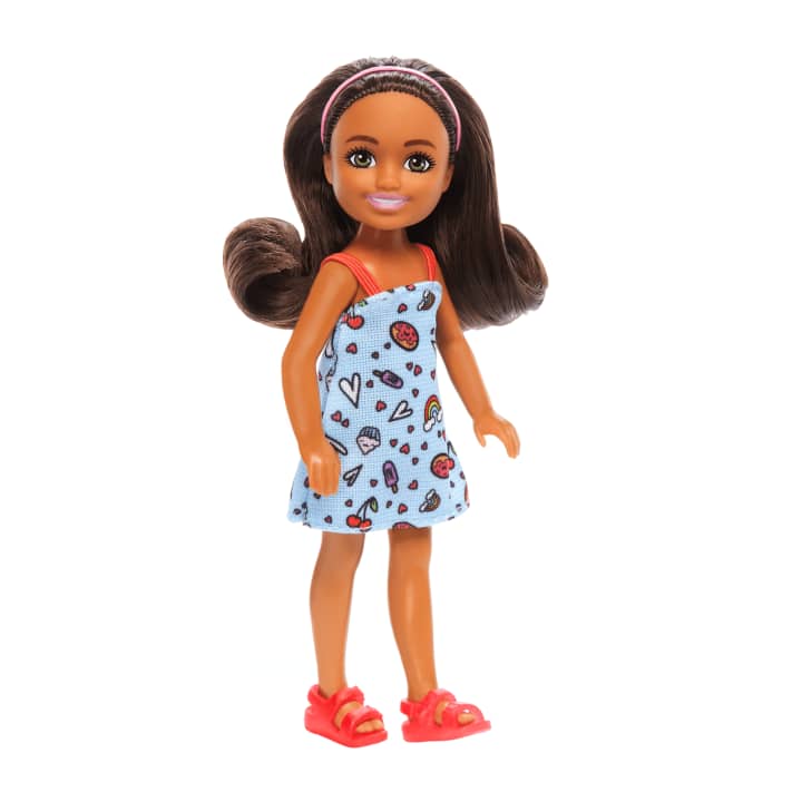 Barbie Chelsea Doll, Small Doll Blue Dress With Brown Hair & Green Eyes