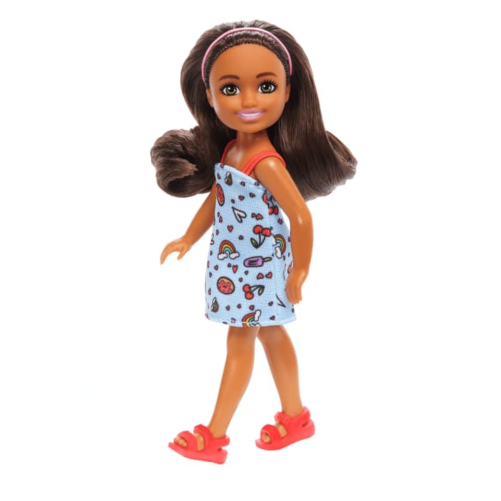 Barbie Chelsea Doll, Small Doll Blue Dress With Brown Hair & Green Eyes