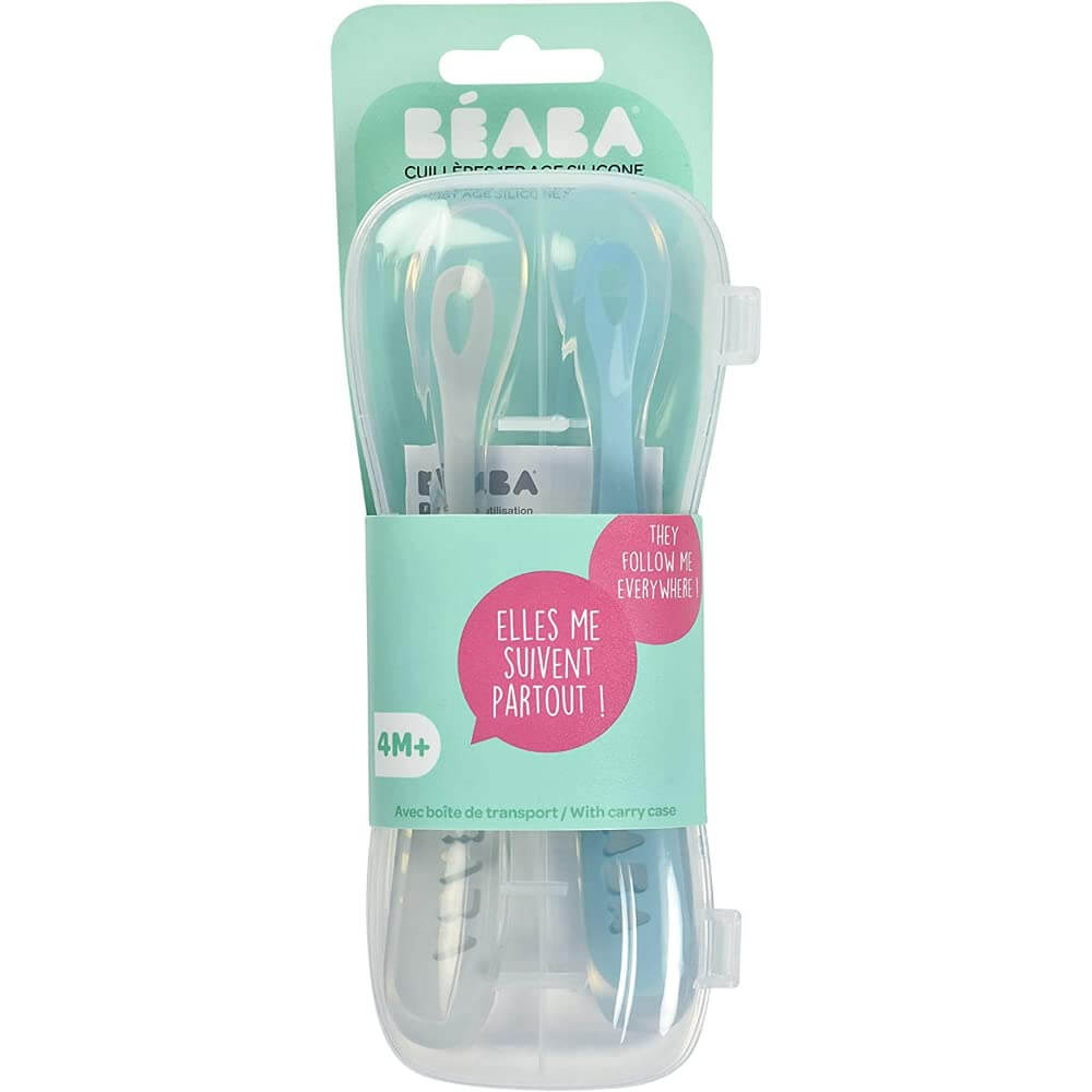Béaba 1st Stage Silicone Baby Spoons with Storage Case – Set of 2 – Velvet Grey & Sage Green