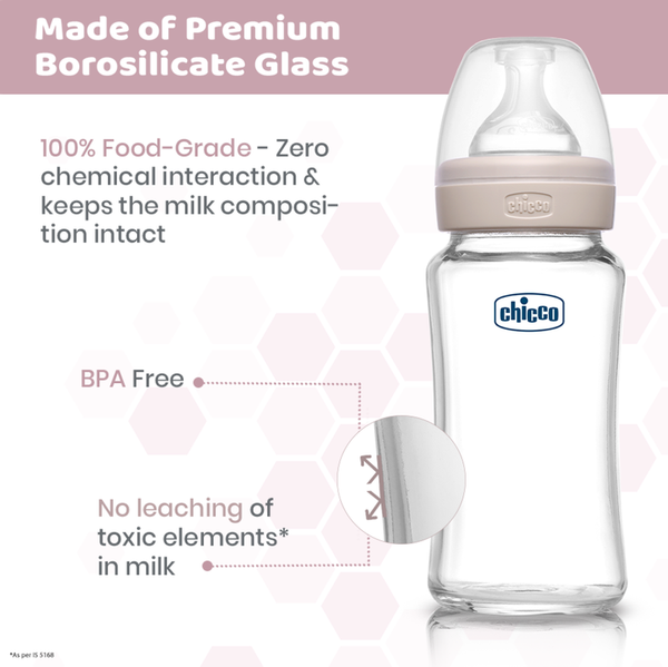 Chicco Well-Being Glass Feeding Bottle 240ML Medium Neutral 2M+