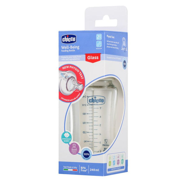 Chicco Well-Being Glass Feeding Bottle 240ML Medium Neutral 2M+