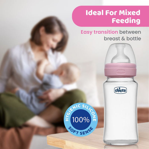 Chicco Glass Feeding Bottle Well-Being 8Oz 240Ml Pink