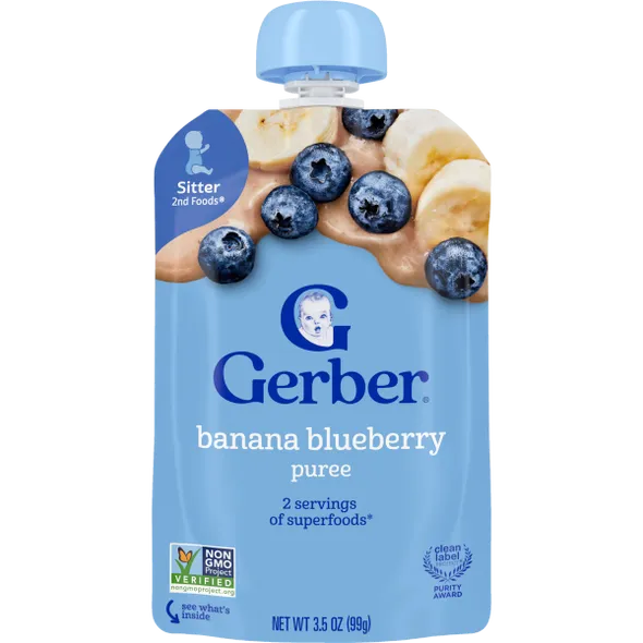 Gerber Banana Blueberry Fruit Puree Baby Food Pouch – Stage 2, 3.5 oz (99g)