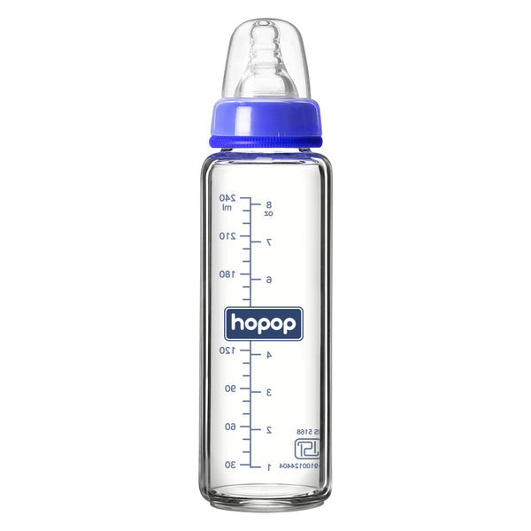 Hopop Premium Slim Neck Glass Feeding Bottle 250 ml Blue
