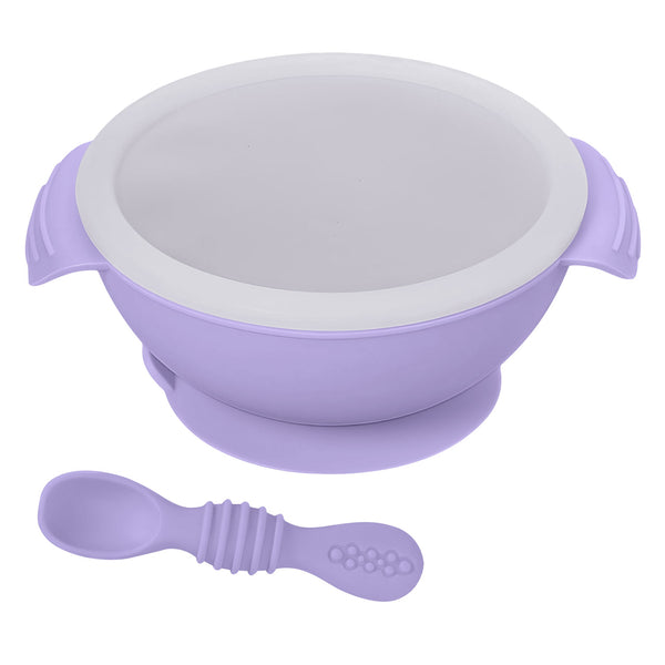 Hopop Baby Feeding Silicone Bowl & Spoon with Suction Base & Snap-On Lid 6M+ – Purple
