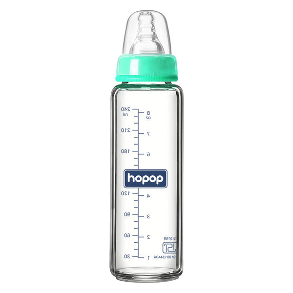 Hopop Glass Feeding Bottle Premium Slim Neck BPA-Free 250ml – Green