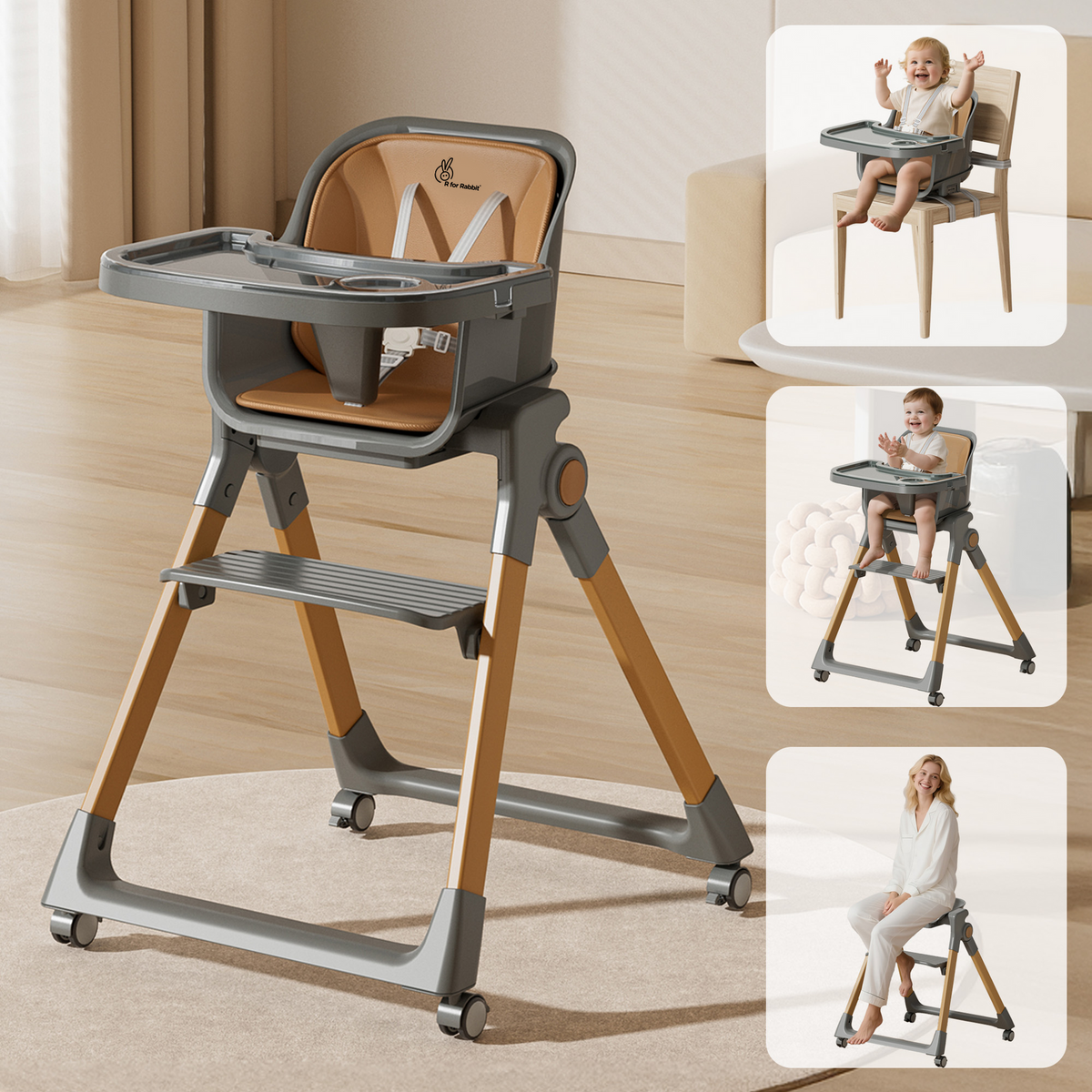 R For Rabbit 3 in 1 Walnut High Chair - Dark Grey