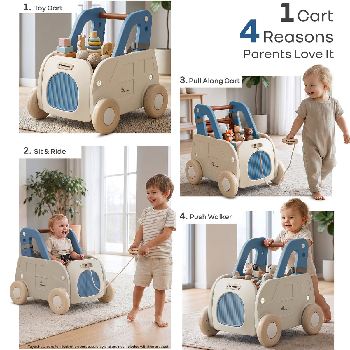 R for Rabbit Kiddie Kart Ride-On & Push Walker 4 in 1 0–3Y Up to 20kg– Grey Blue
