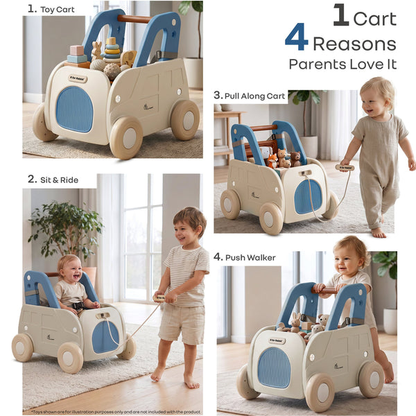 R for Rabbit Kiddie Kart Ride-On & Push Walker 4 in 1 0–3Y Up to 20kg– Grey Blue